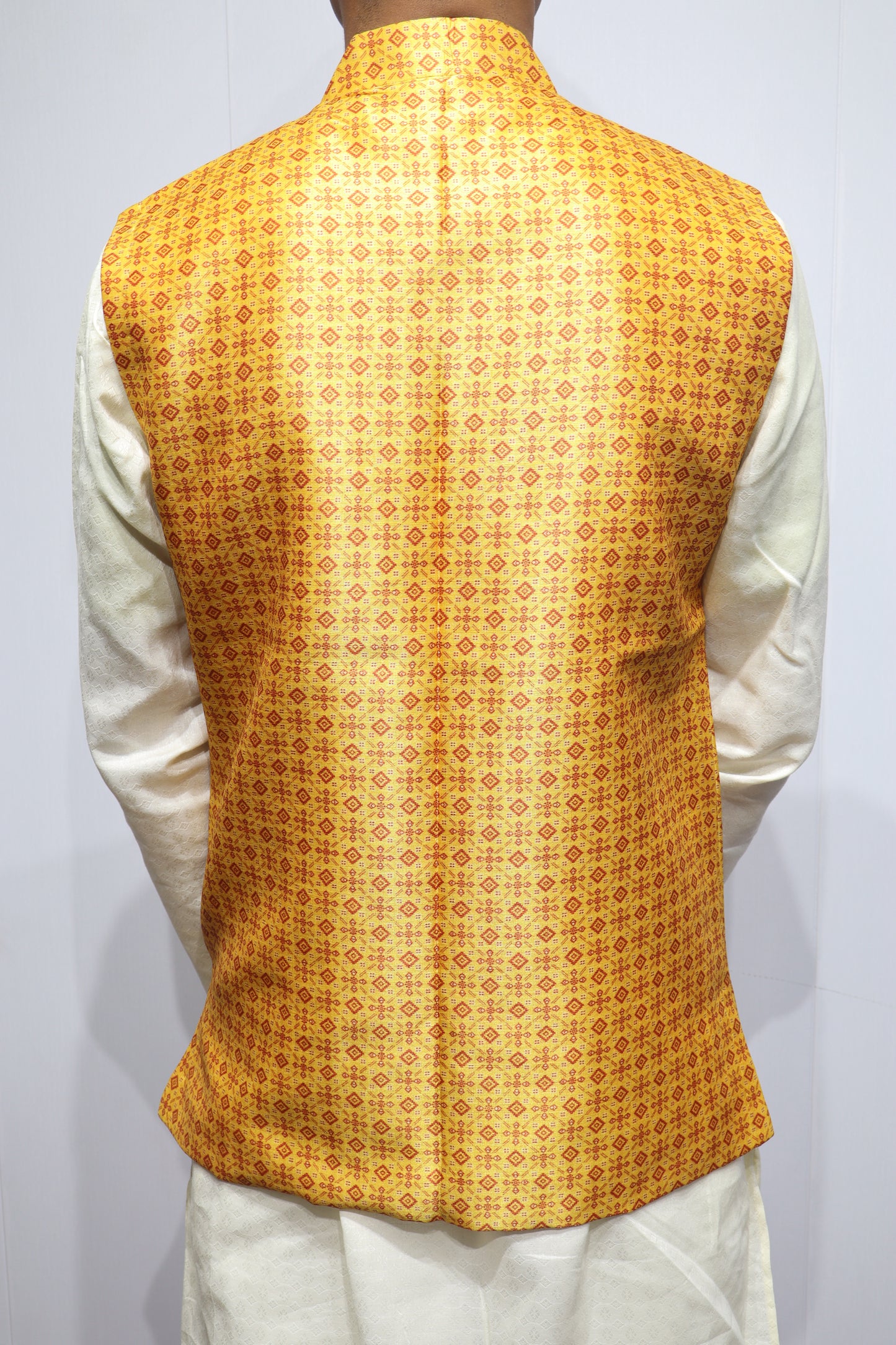 Men’s Yellow Printed Linen Nehru Jacket – Bright Festive Ethnic Wear