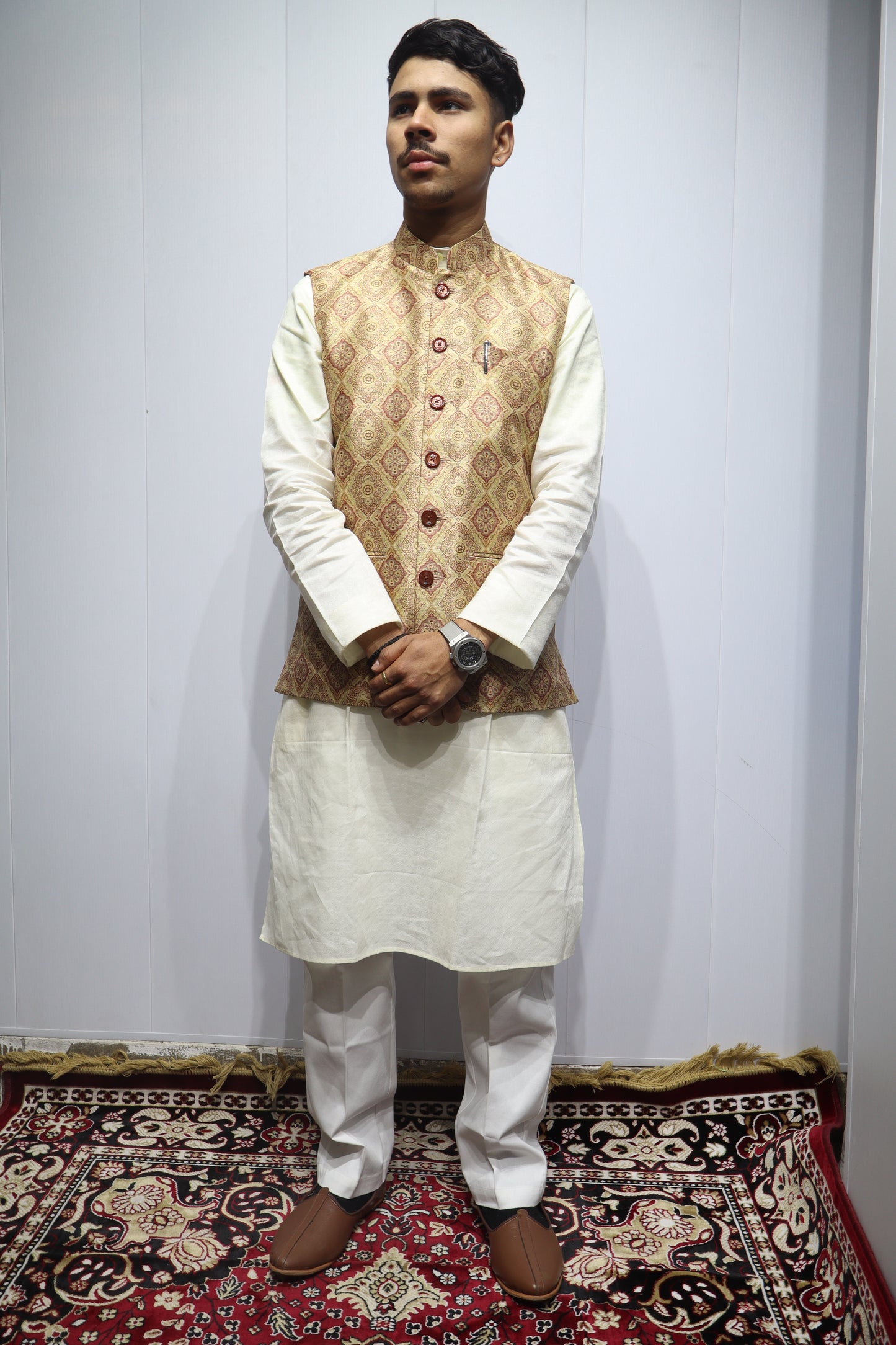 Men’s Beige Traditional Printed Linen Nehru Jacket – Elegant Ethnic & Festive Wear
