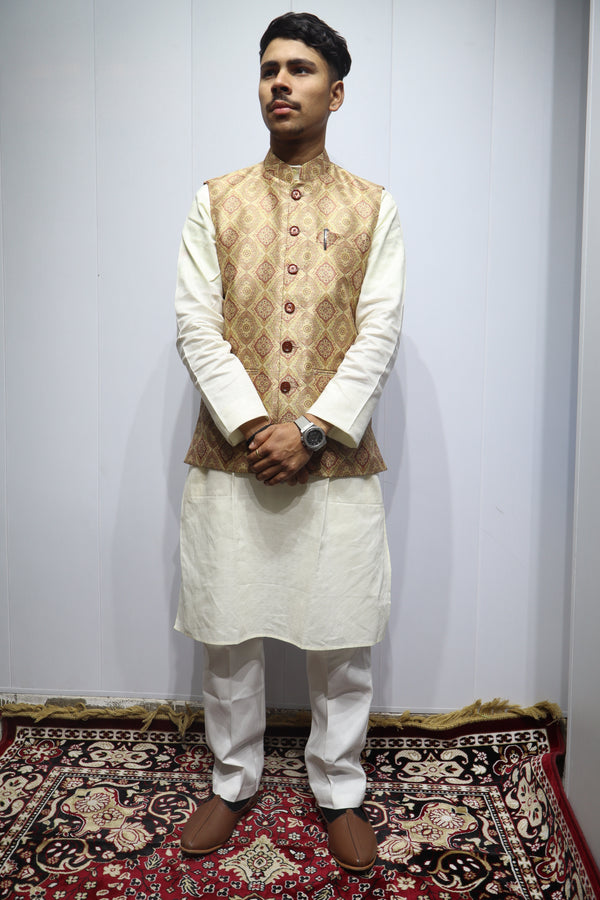 Men’s Beige Traditional Printed Linen Nehru Jacket – Elegant Ethnic & Festive Wear