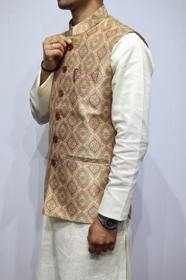 Men’s Beige Traditional Printed Linen Nehru Jacket – Elegant Ethnic & Festive Wear