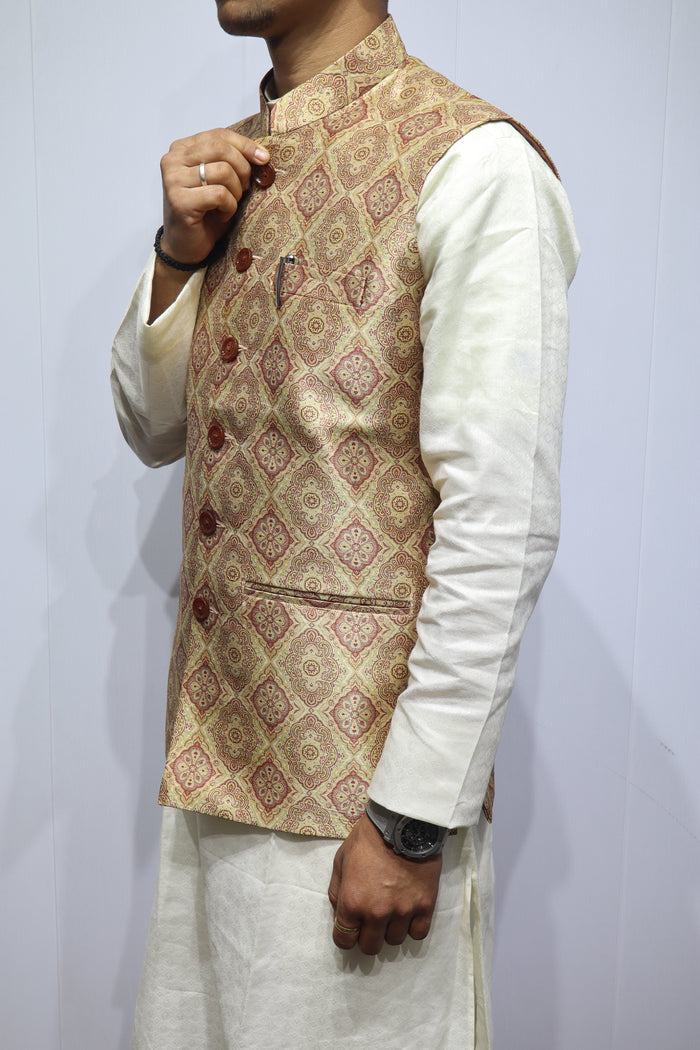 Men’s Beige Traditional Printed Linen Nehru Jacket – Elegant Ethnic & Festive Wear