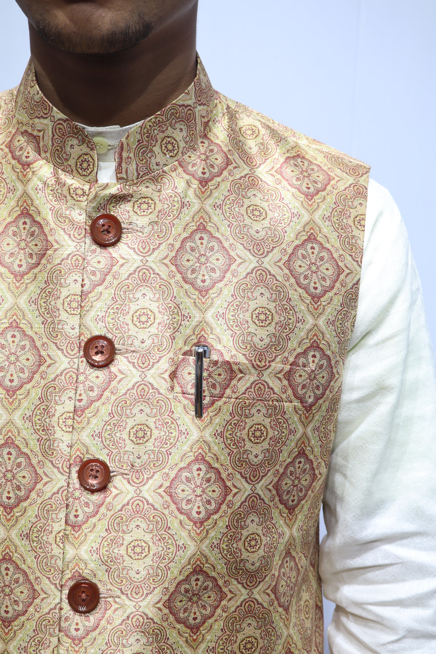 Men’s Beige Traditional Printed Linen Nehru Jacket – Elegant Ethnic & Festive Wear