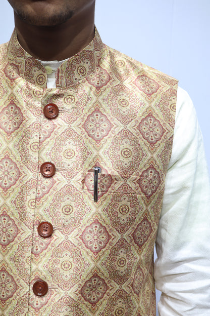 Men’s Beige Traditional Printed Linen Nehru Jacket – Elegant Ethnic & Festive Wear