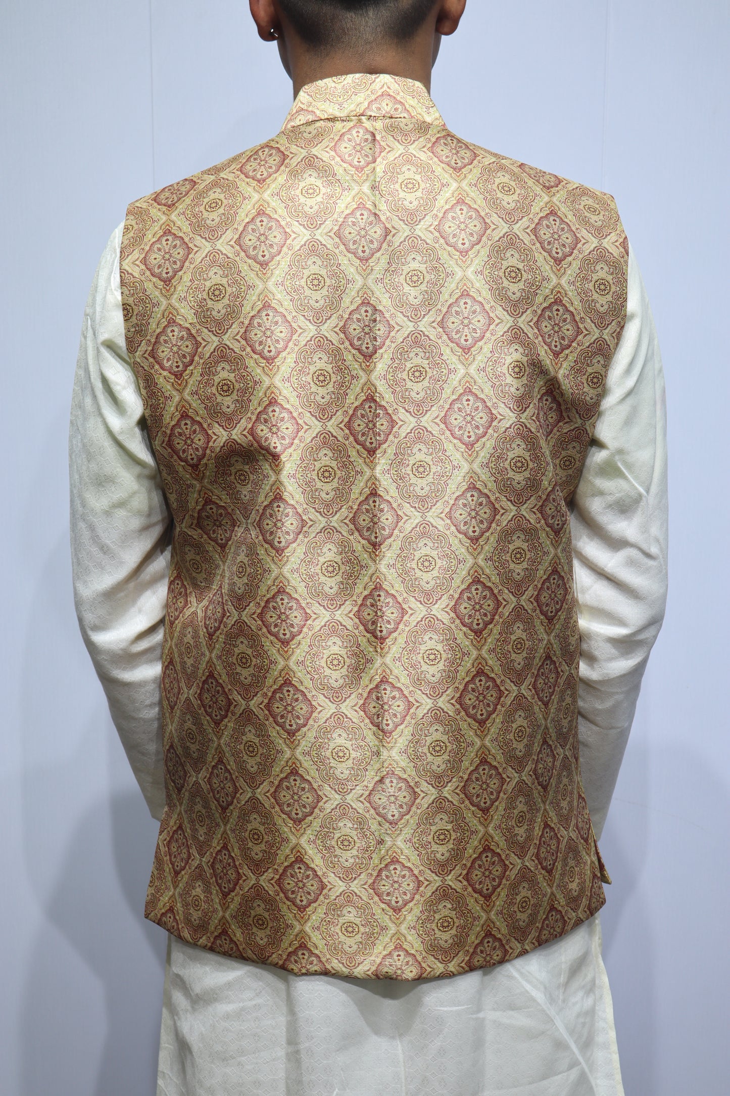 Men’s Beige Traditional Printed Linen Nehru Jacket – Elegant Ethnic & Festive Wear