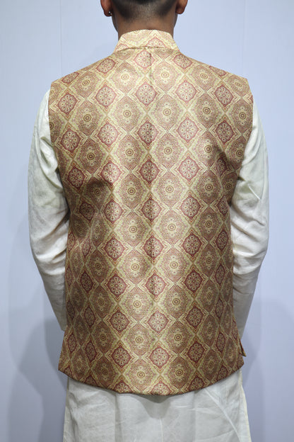 Men’s Beige Traditional Printed Linen Nehru Jacket – Elegant Ethnic & Festive Wear