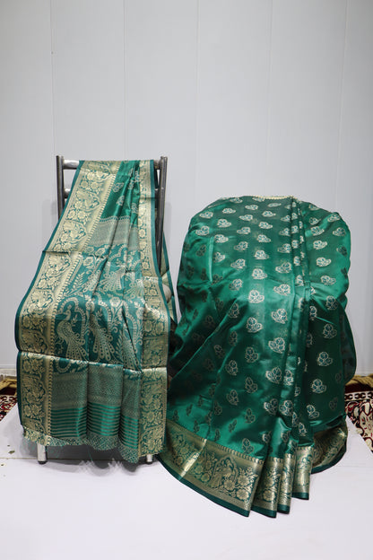 Dark Green Silk Saree with Elegant Gold Zari Motifs & Traditional Border(42)