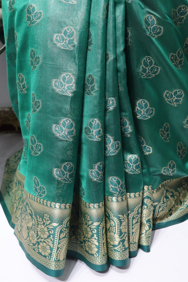Dark Green Silk Saree with Elegant Gold Zari Motifs & Traditional Border
