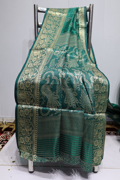 Dark Green Silk Saree with Elegant Gold Zari Motifs & Traditional Border(42)