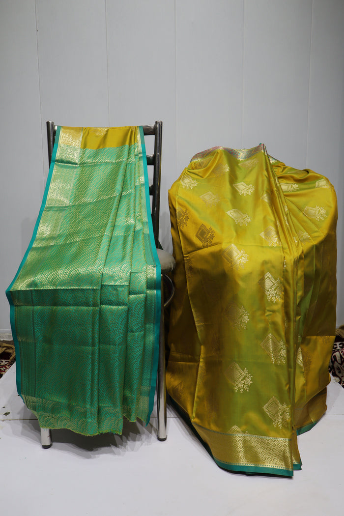 Olive Green Silk Saree with Gold Zari Motifs, Teal Border & Rich Traditional Pallu(43)