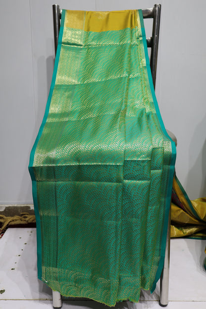 Olive Green Silk Saree with Gold Zari Motifs, Teal Border & Rich Traditional Pallu(43)