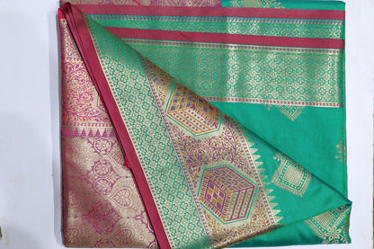 Emerald Green Silk Saree with Rich Gold Zari Work & Maroon Contrast Border(41)