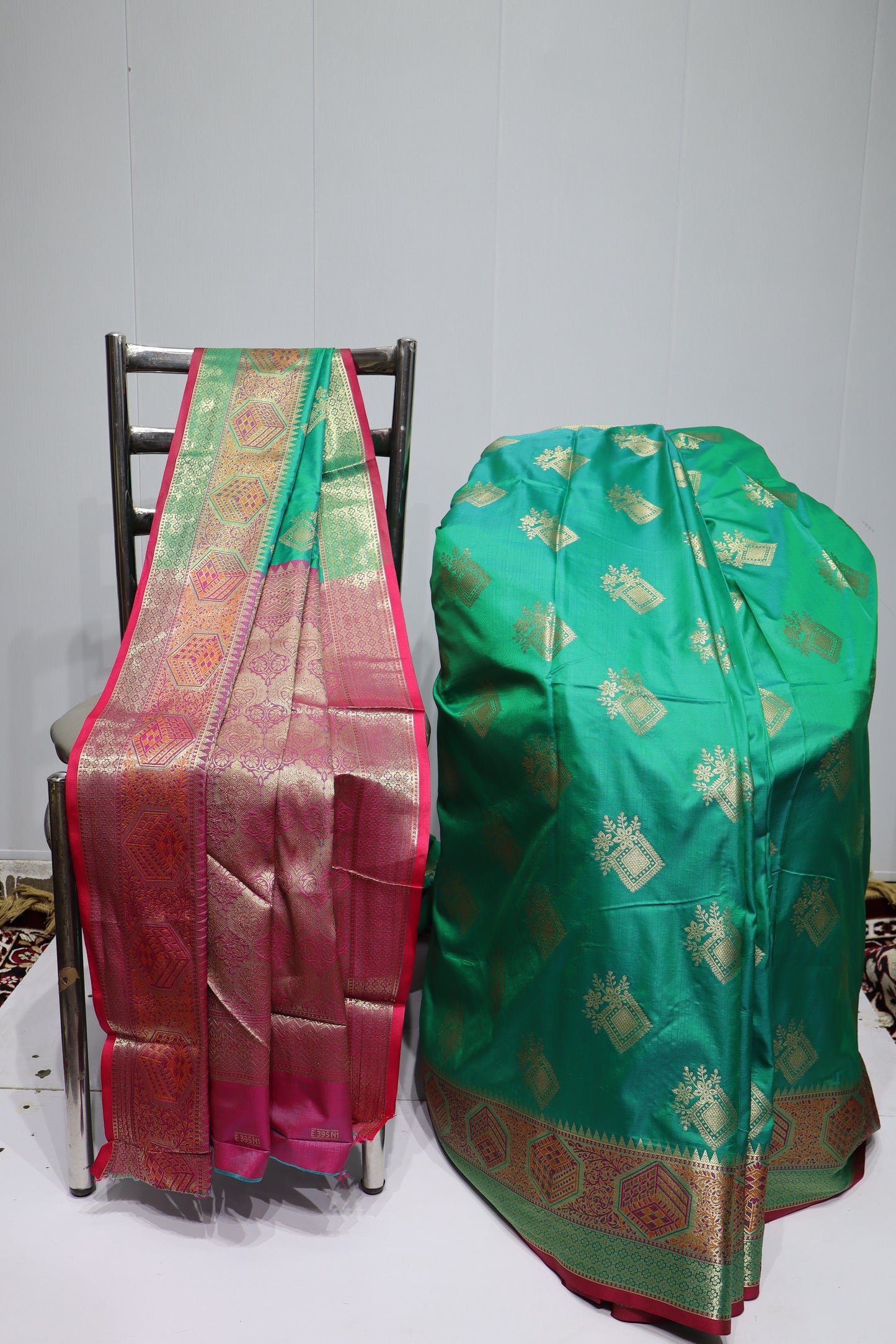 Emerald Green Silk Saree with Rich Gold Zari Work & Maroon Contrast Border(41)