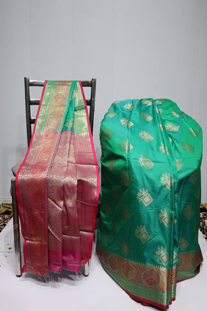 Emerald Green Silk Saree with Rich Gold Zari Work & Maroon Contrast Border(41)