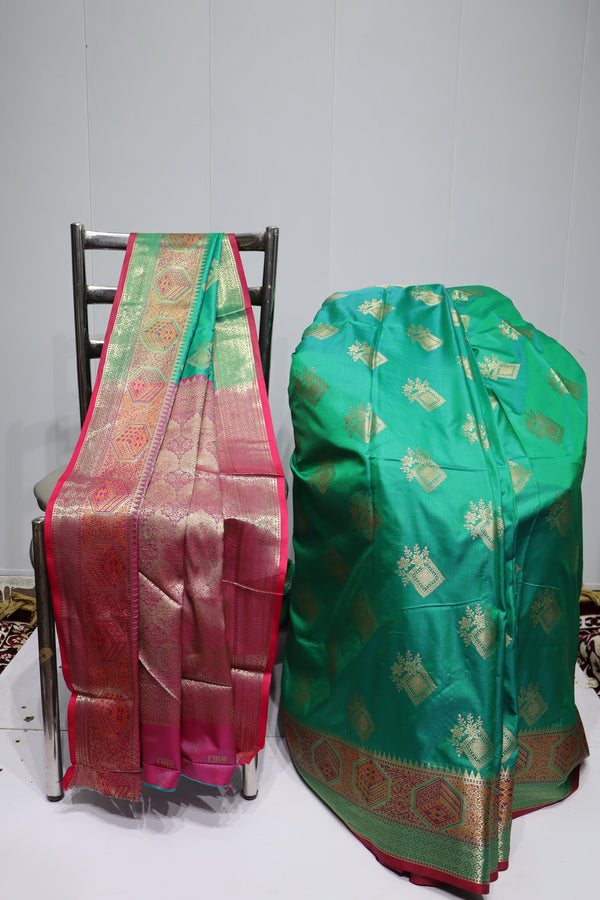 Emerald Green Silk Saree with Rich Gold Zari Work & Maroon Contrast Border