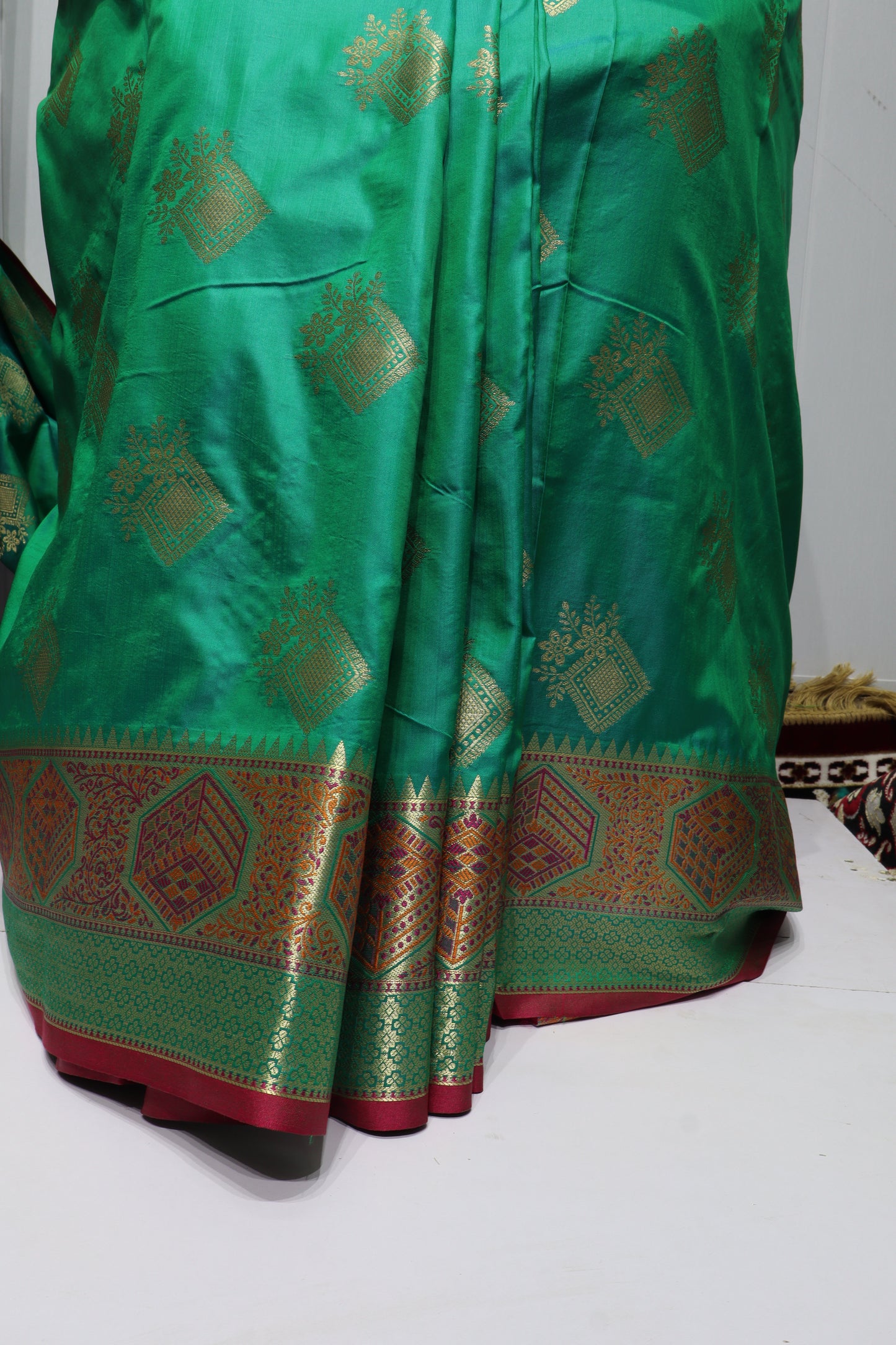 Emerald Green Silk Saree with Rich Gold Zari Work & Maroon Contrast Border(41)