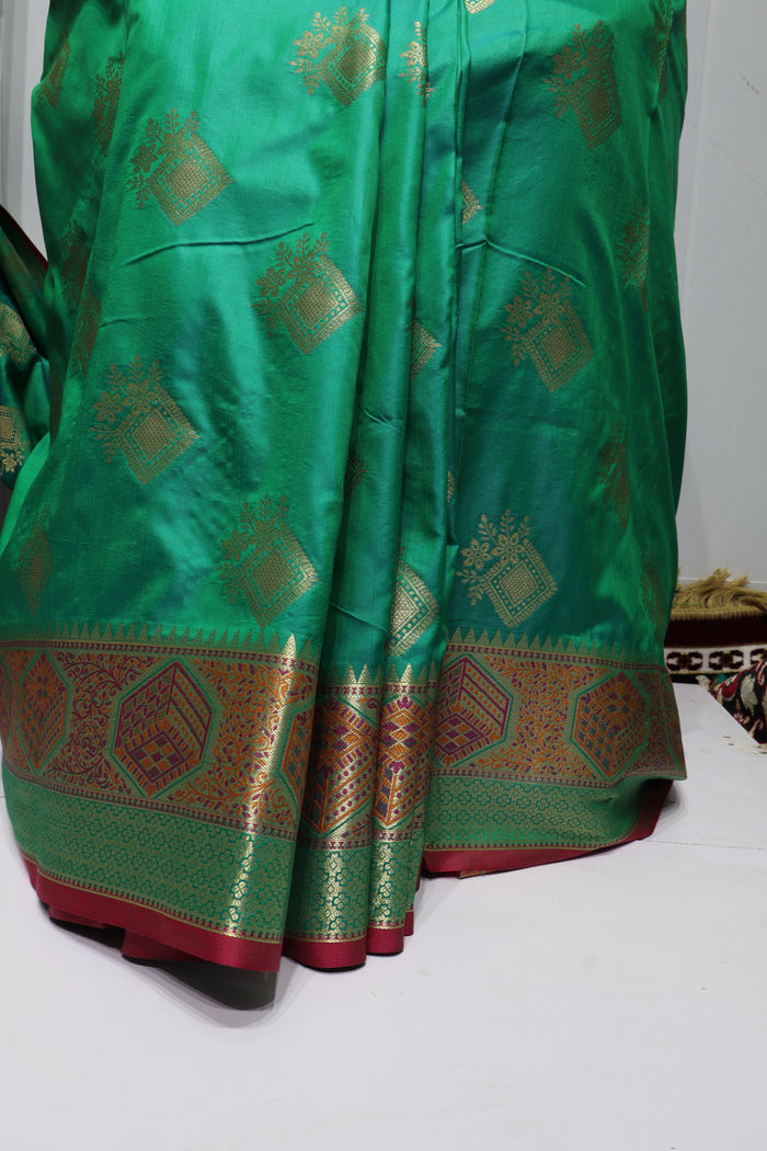 Emerald Green Silk Saree with Rich Gold Zari Work & Maroon Contrast Border(41)