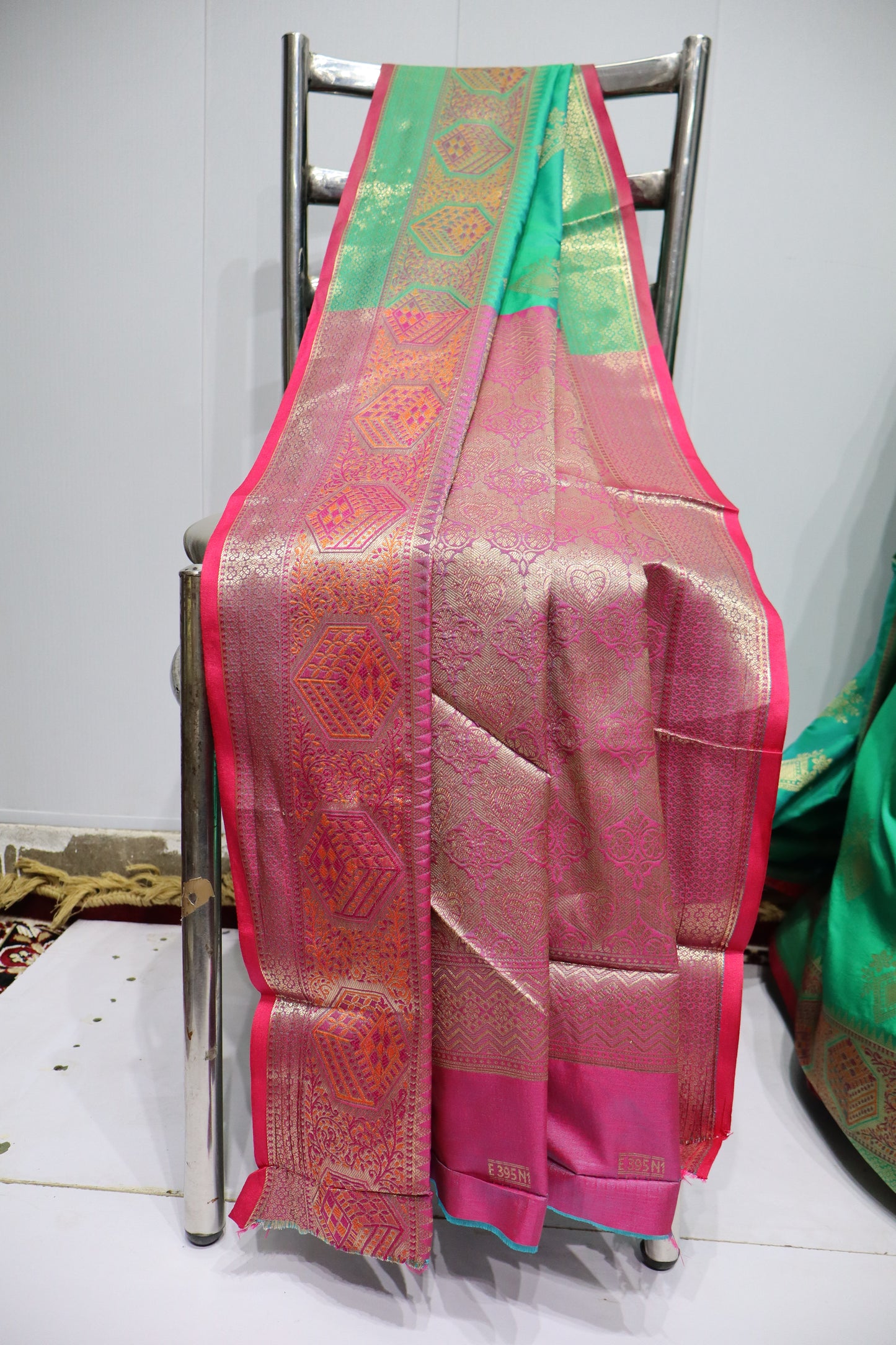 Emerald Green Silk Saree with Rich Gold Zari Work & Maroon Contrast Border(41)