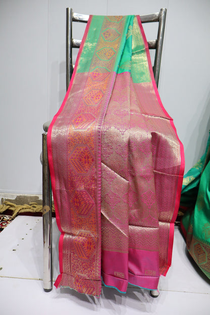 Emerald Green Silk Saree with Rich Gold Zari Work & Maroon Contrast Border(41)