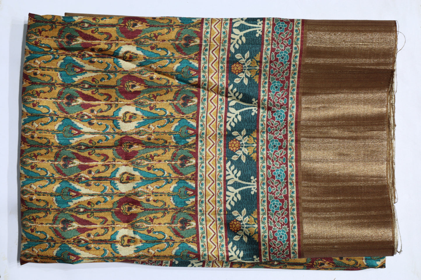 Mustard Yellow & Teal Printed Silk Saree with Rich Zari Pallu and Traditional Border