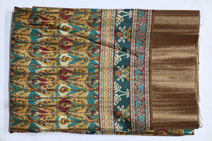 Mustard Yellow & Teal Printed Silk Saree with Rich Zari Pallu and Traditional Border