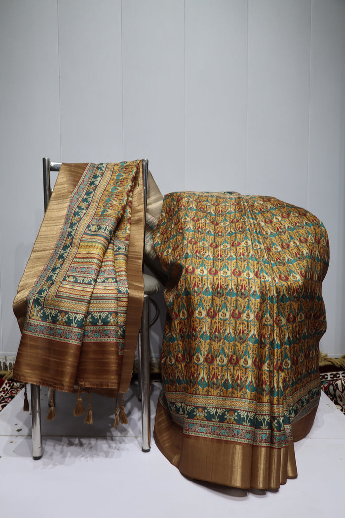 Mustard Yellow & Teal Printed Silk Saree with Rich Zari Pallu and Traditional Border(40)