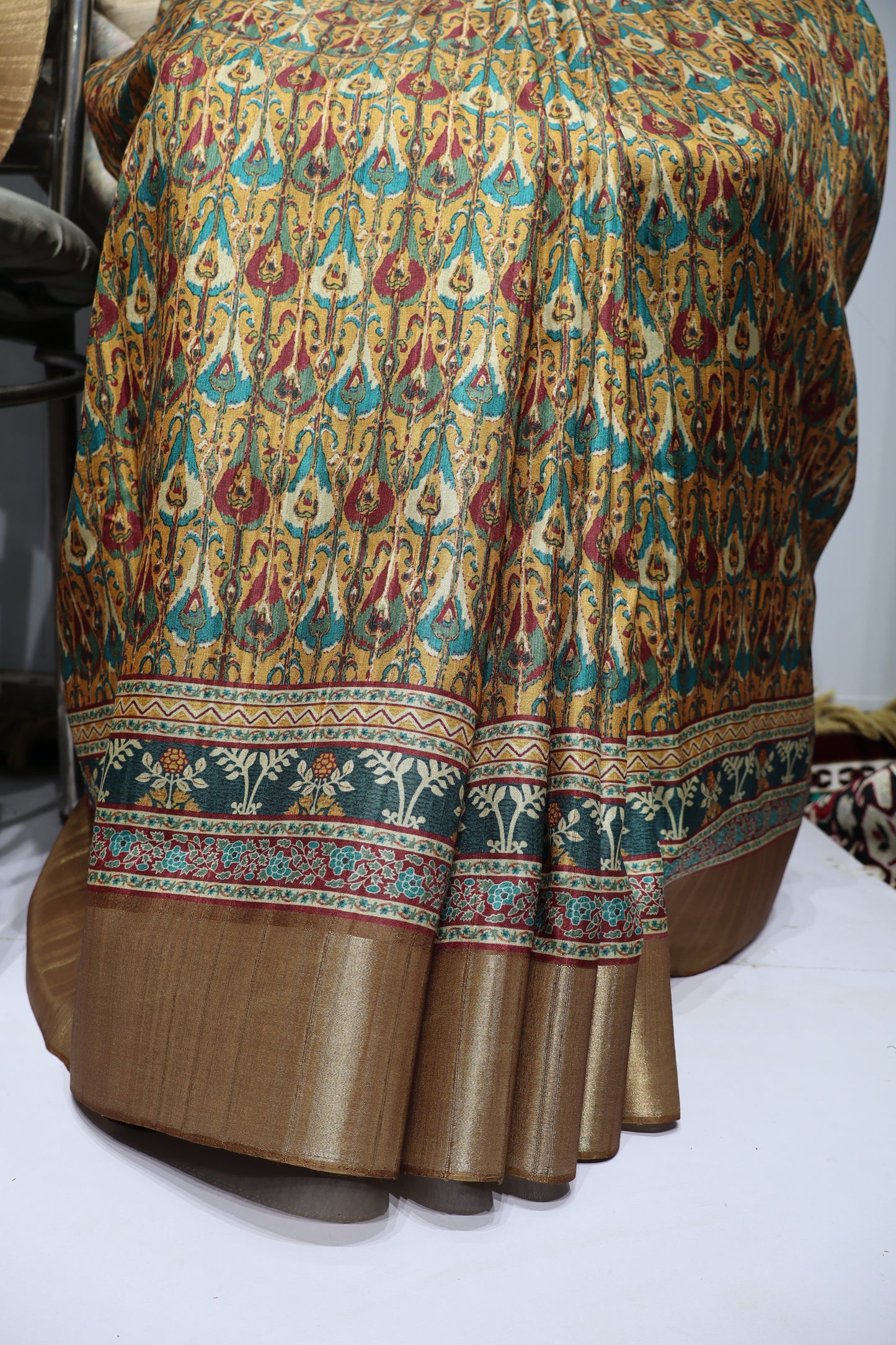 Mustard Yellow & Teal Printed Silk Saree with Rich Zari Pallu and Traditional Border