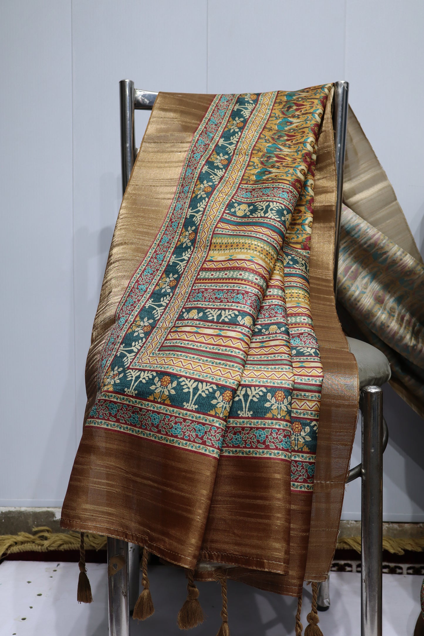 Mustard Yellow & Teal Printed Silk Saree with Rich Zari Pallu and Traditional Border