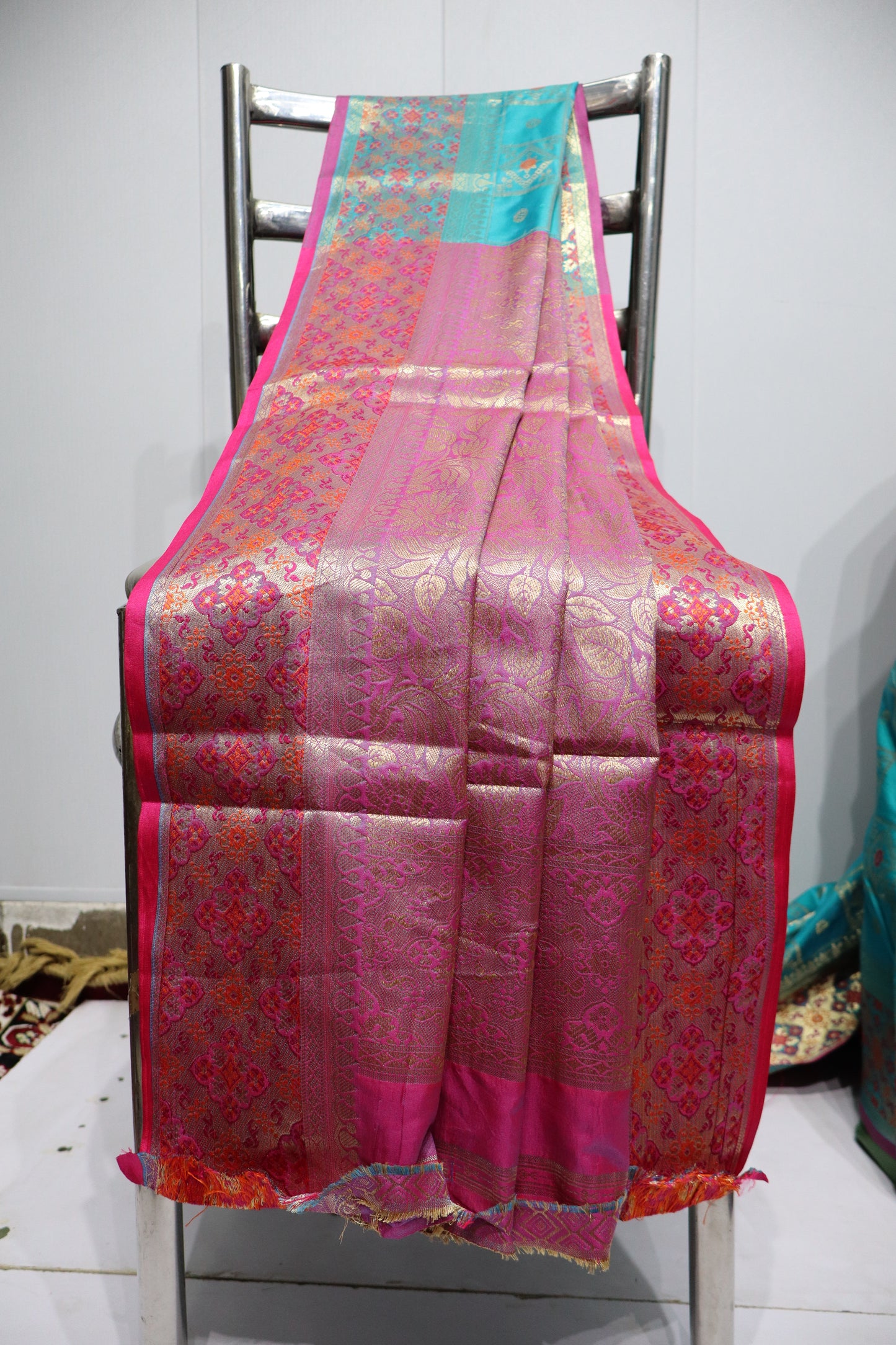 Teal Blue Woven Silk Saree with Traditional Gold Zari Motifs & Contrast Border