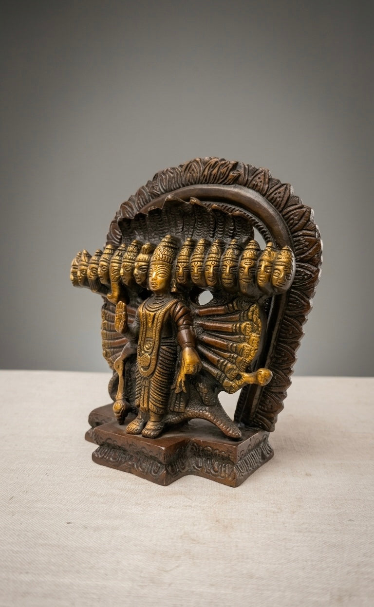 Handcrafted Brass Vishnu Anantashayana Idol – Multi-Head Sheshnag Antique Finish Statue for Home Temple & Décor 8.2inch
