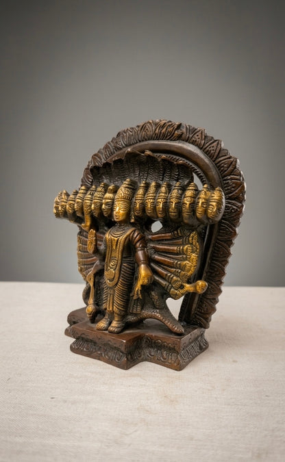 Handcrafted Brass Vishnu Anantashayana Idol – Multi-Head Sheshnag Antique Finish Statue for Home Temple & Décor 8.2inch
