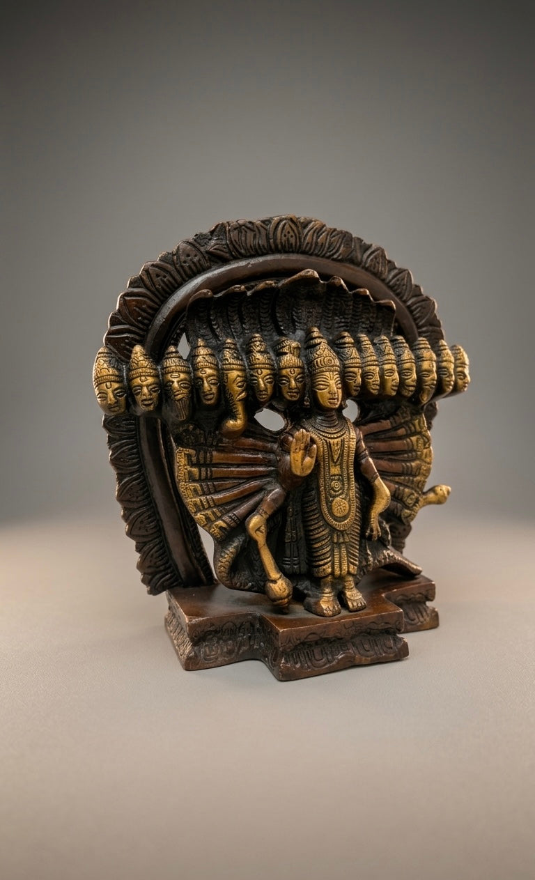 Handcrafted Brass Vishnu Anantashayana Idol – Multi-Head Sheshnag Antique Finish Statue for Home Temple & Décor 8.2inch