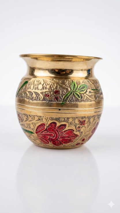 Handcrafted Brass Kalash with Meenakari Work – Antique Finish Decorative Pooja Pot for Home & Ritual Use
