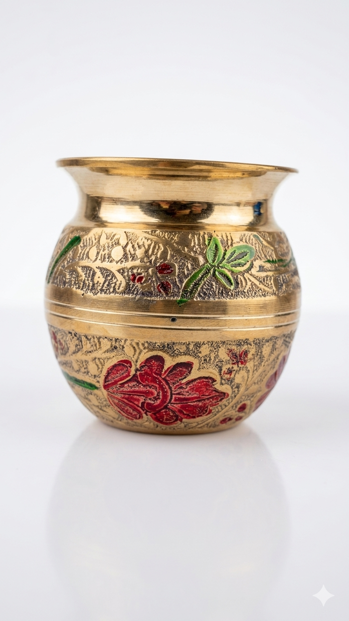Handcrafted Brass Kalash with Meenakari Work – Antique Finish Decorative Pooja Pot for Home & Ritual Use
