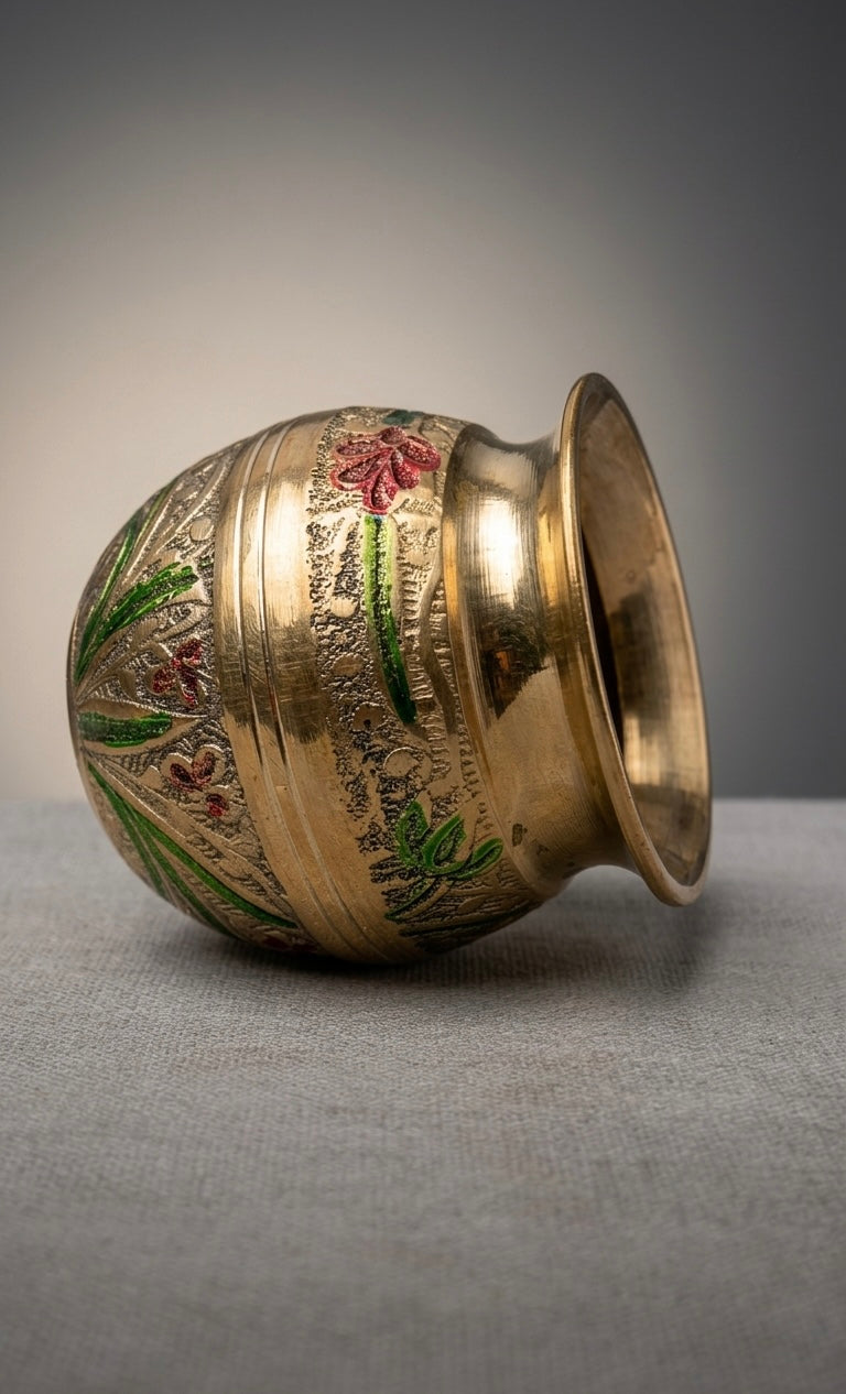 Handcrafted Brass Kalash with Meenakari Work – Antique Finish Decorative Pooja Pot for Home & Ritual Use