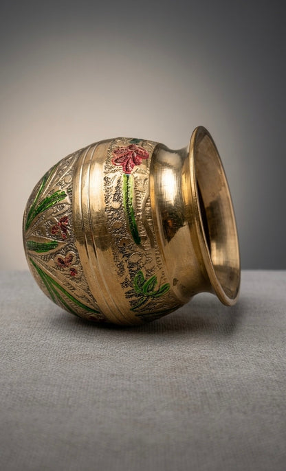 Handcrafted Brass Kalash with Meenakari Work – Antique Finish Decorative Pooja Pot for Home & Ritual Use