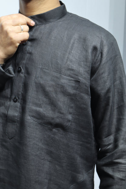 Classic Black Linen Kurta for Men – Solid Ethnic Wear with Mandarin Collar
