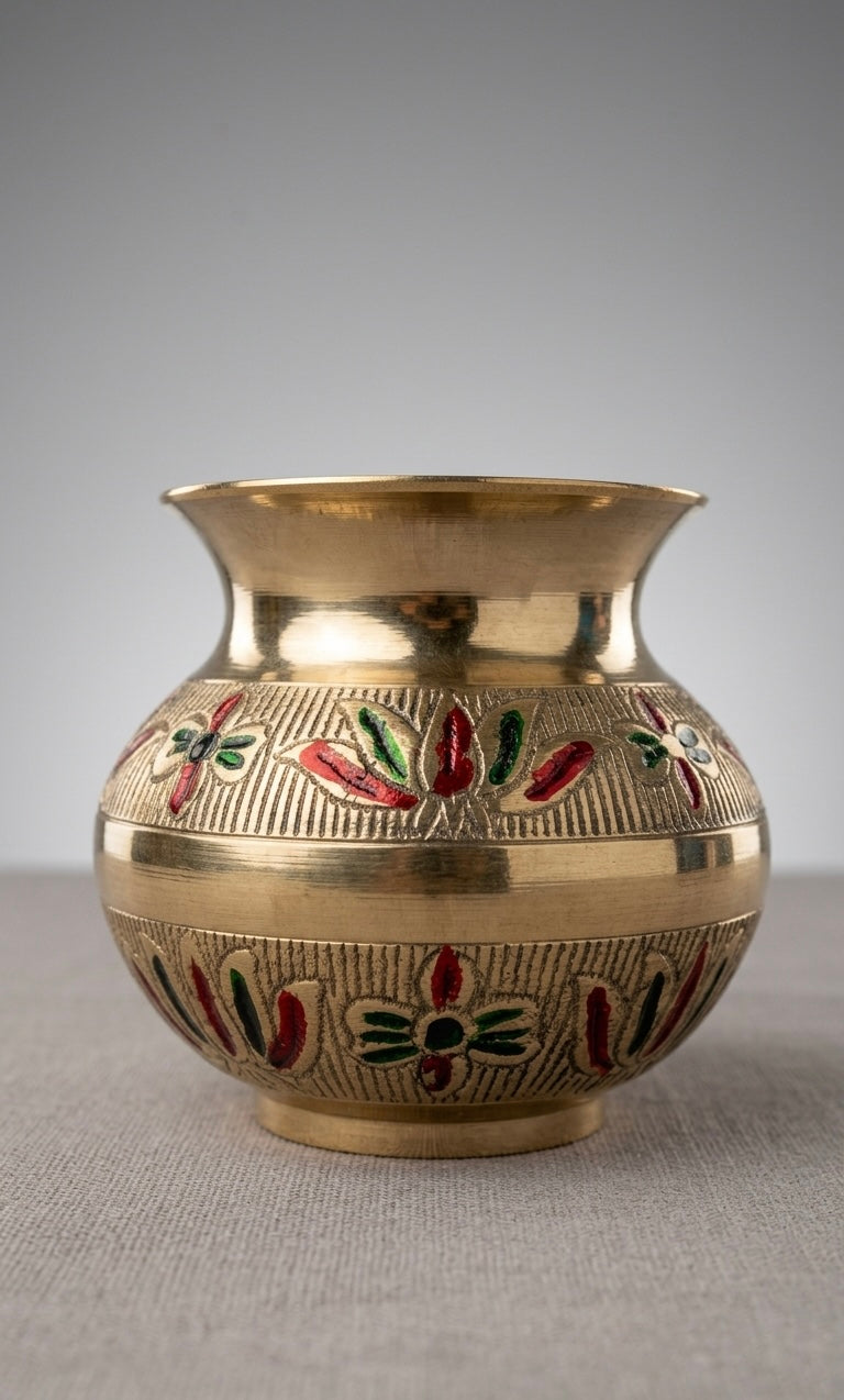 Handcrafted Brass Kalash with Meenakari Work – Antique Finish Decorative Pooja Pot for Home & Ritual Use