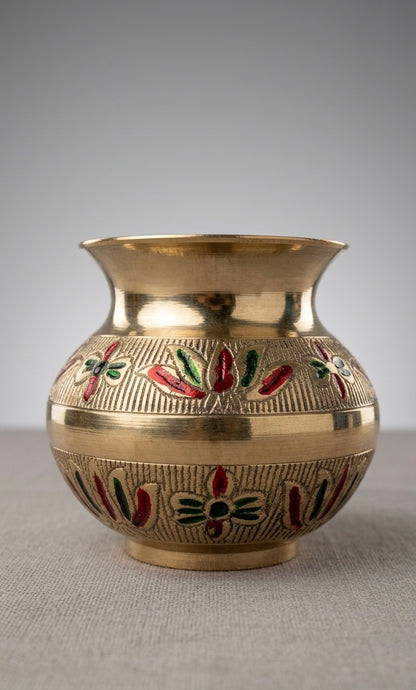 Handcrafted Brass Kalash with Meenakari Work – Antique Finish Decorative Pooja Pot for Home & Ritual Use
