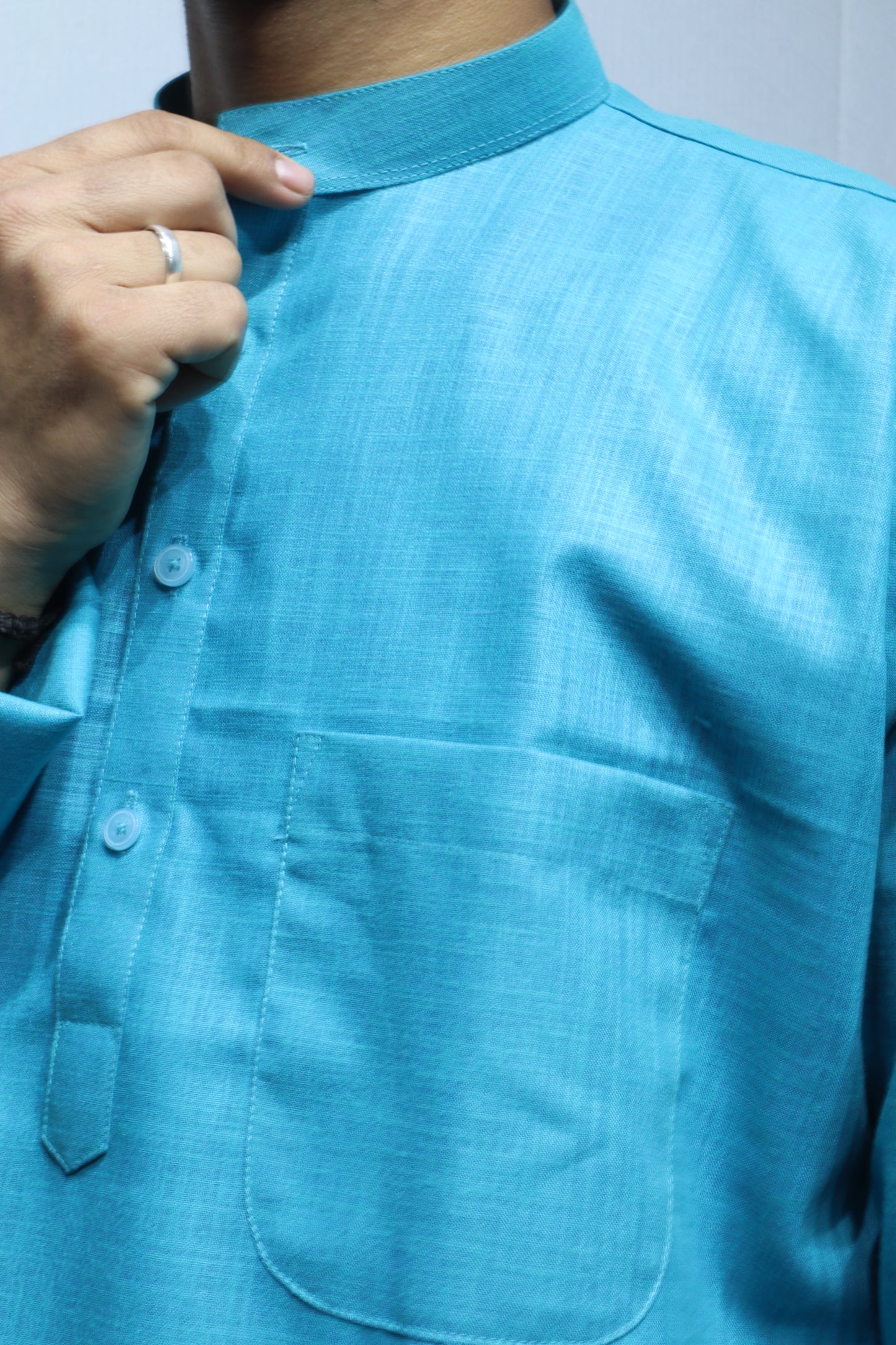 Classic Teal Blue Cotton Kurta for Men – Solid Ethnic Wear with Mandarin Collar