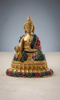 Handcrafted Brass Buddha Statue with Stone Work – Antique Finish Meditating Buddha Showpiece for Home, Office & Spiritual Décor(Height-4.5inch)