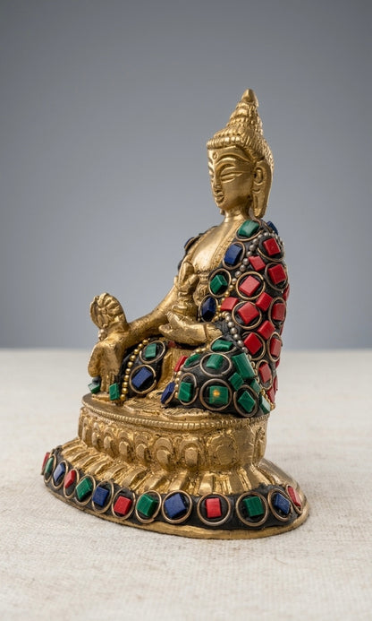 Handcrafted Brass Buddha Statue with Stone Work – Antique Finish Meditating Buddha Showpiece for Home, Office & Spiritual Décor(Height-4.5inch)