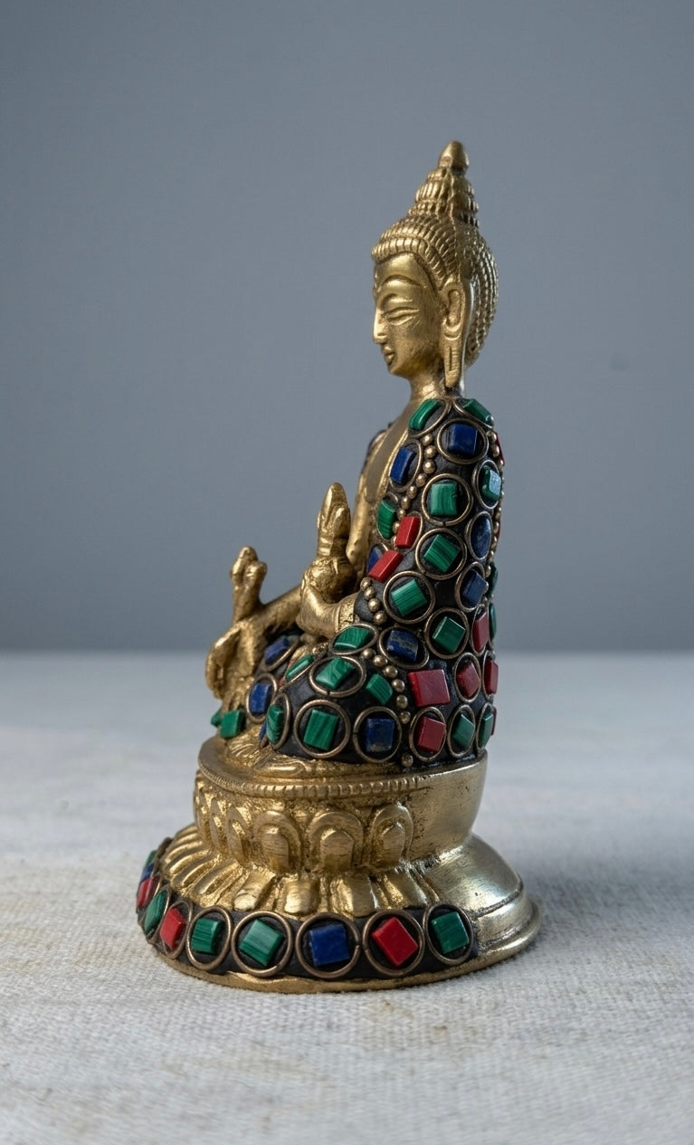 Handcrafted Brass Buddha Statue with Stone Work – Antique Finish Meditating Buddha Showpiece for Home, Office & Spiritual Décor(Height-4.5inch)