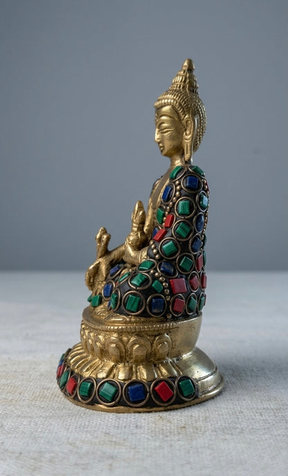 Handcrafted Brass Buddha Statue with Stone Work – Antique Finish Meditating Buddha Showpiece for Home, Office & Spiritual Décor(Height-4.5inch)