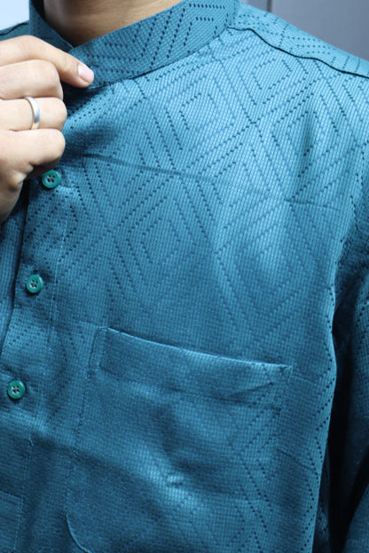 Teal Green Self-Design Cotton Kurta for Men – Textured Ethnic Wear with Mandarin Collar