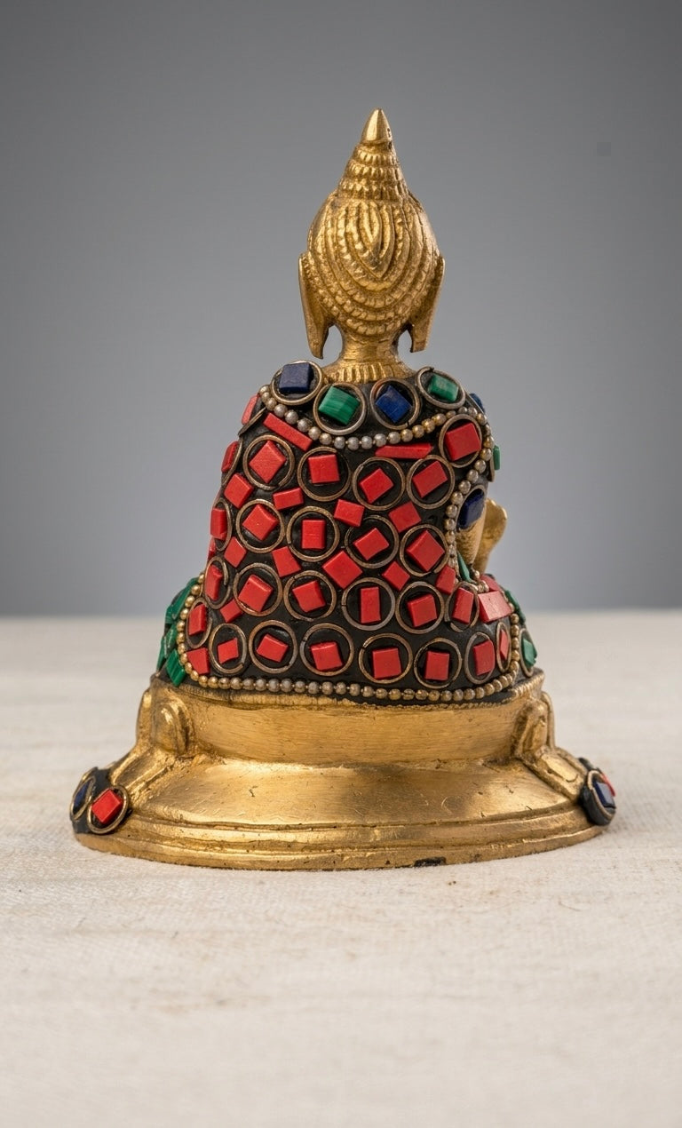 Handcrafted Brass Buddha Statue with Stone Work – Antique Finish Meditating Buddha Showpiece for Home, Office & Spiritual Décor(Height-4.5inch)
