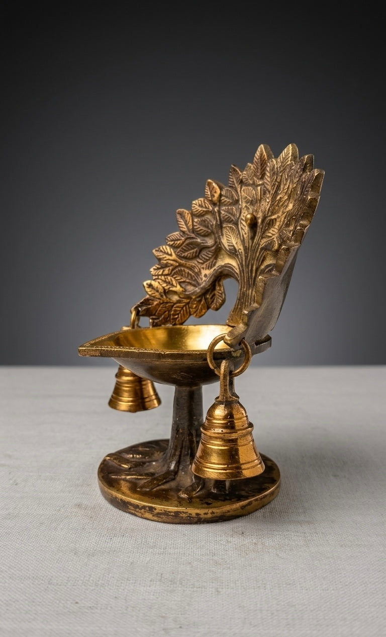 Handcrafted Brass Diya with Hanging Bells – Antique Finish Tree Design Oil Lamp for Home Temple & Festive Décor 7inch