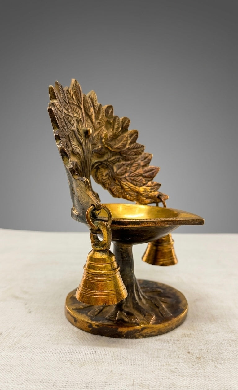 Handcrafted Brass Diya with Hanging Bells – Antique Finish Tree Design Oil Lamp for Home Temple & Festive Décor 7inch