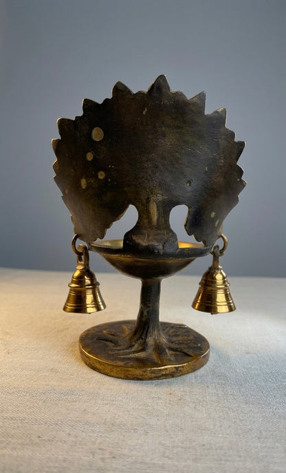 Handcrafted Brass Diya with Hanging Bells – Antique Finish Tree Design Oil Lamp for Home Temple & Festive Décor 7inch