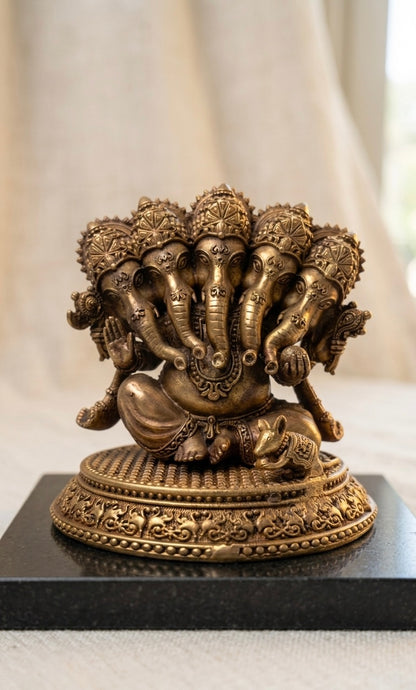 Handcrafted Ashtadhatu Panchmukhi Ganesha Idol – Five-Faced Ganpati Murti for Prosperity, Protection & Home Temple(Height-6.3inch)
