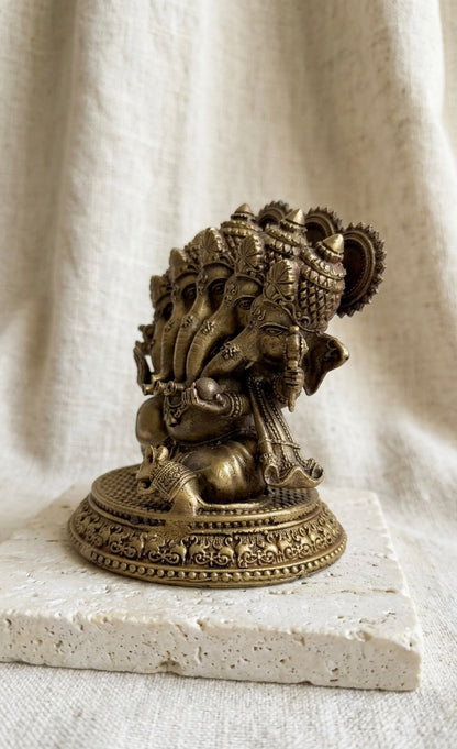 Handcrafted Ashtadhatu Panchmukhi Ganesha Idol – Five-Faced Ganpati Murti for Prosperity, Protection & Home Temple(Height-6.3inch)